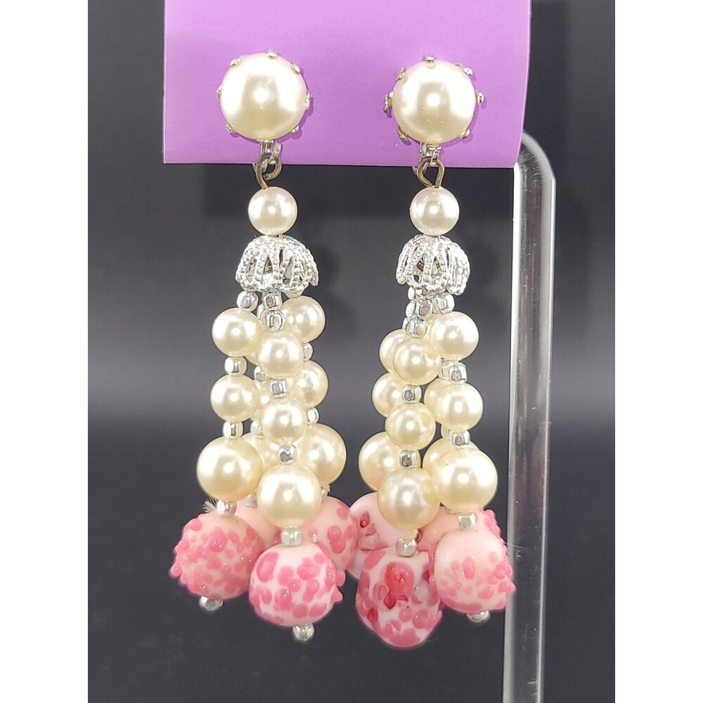 Vintage Cream Glass Pearl Pink Japan Art Glass Bead Chandelier Clip Earrings 3"